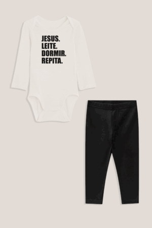 Conjunto de Body para Bebê - Longo Unissex - Jesus, Leite, Dormir, Repita.